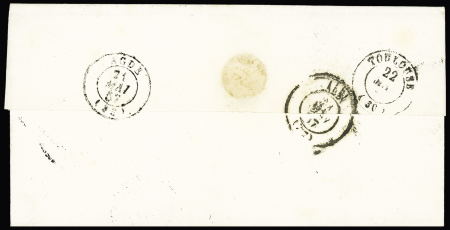 N°13 en paire OBL PC 3555 + T22 "Vias (33)" (1857) sur lettre, ind 16. TB