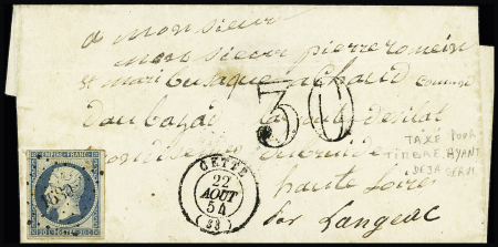 N°14 sur lettre avec T17 "Cette (33)" (1854) + taxe 30 double-trait pour timbres ayant déjà servi. TB