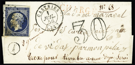 N°14 sur lettre avec T15 "Castries (33)" (1856) + taxe 30 double-trait + mention manuscrite "taxe pour timbre ayant déjà servi" et griffe rouge "chargé". TB