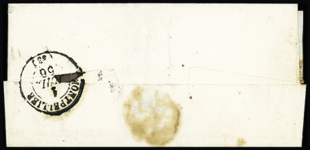 N°14 sur lettre avec T15 "Castries (33)" (1856) + taxe 30 double-trait + mention manuscrite "taxe pour timbre ayant déjà servi" et griffe rouge "chargé". TB