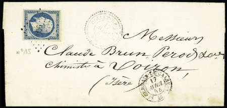 N°15, 25c bleu, OBL PC 904 + T22 "Colle de Dèze (46)" (1854) sur lettre. TB