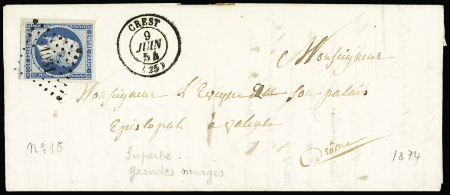 N°15, 25c bleu, grandes marges équilibrées OBL PC 1032 + T15 "Crest (25)" (1854) sur lettre. TB. Cote 500€