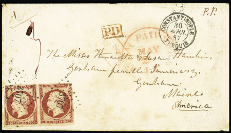 CONSTANTINOPLE N°17 en paire, leg touché, OBL PC 3707 + T15 "Constantinople Turquie" (1857) sur lettre pour les USA avec arrivée au recto. TB