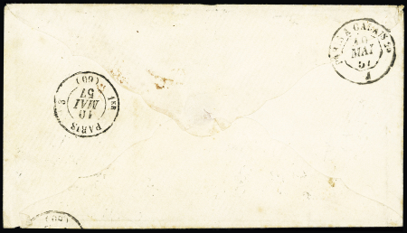 CONSTANTINOPLE N°17 en paire, leg touché, OBL PC 3707 + T15 "Constantinople Turquie" (1857) sur lettre pour les USA avec arrivée au recto. TB