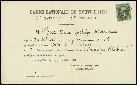 N°19 OBL CAD T15 Montpellier (11 oct 1870) sur convocation à en-tête "Garde nationale de Montpellier 3e bataillon 5e compagnie". TB