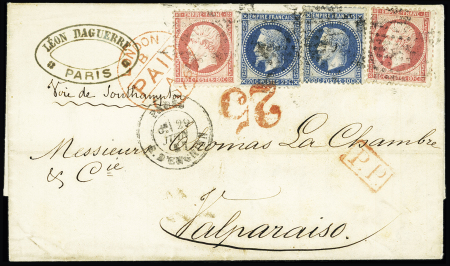 N°24, 2 pièces + n°29, 2 pièces, OBL étoile 4 + CAD "Paris R. d'Enghien" (1867) sur lettre pour Valparaiso avec transit London. TB
