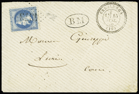 N°29 OBL GC 4373 + T24 "Erdalunga (19)" (1870) + "BM" dans un ovale sur lettre, ind 16+. TB