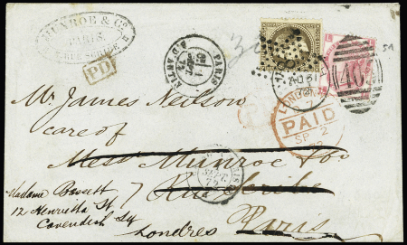 N°30 OBL étoile 8 + CAD "Paris R. d'Antin" (1872) en mixte de réexpédition avec GB n°51 pour Londres via l'acheminemeur Munroe. TB