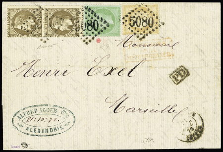ALEXANDRIE N°30 en paire + 35 + 59 OBL GC 5080 + T15 Alexandrie Egypte (1872) sur lettre pour Marseille, AFF rare et TB
