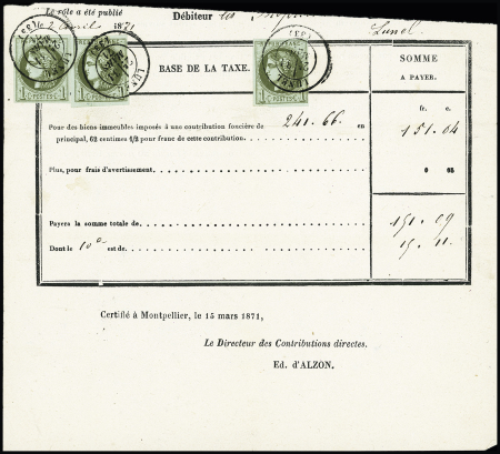 N°39, 3 pièces OBL CAD T17 "Lunel (33)" (1871) sur avis partiel des contributions directes. Rare et TB