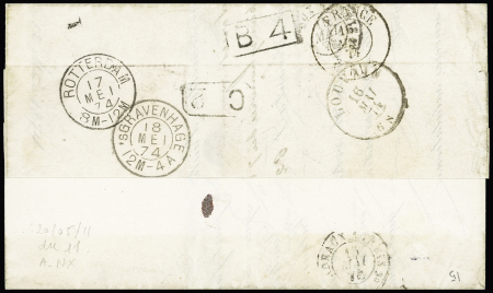 N°56 OBL GC 1065 + T17 "Cognac (15)" (1874) en mixte de réexpédition avec Belgique n°30 OBL Louvain. TB