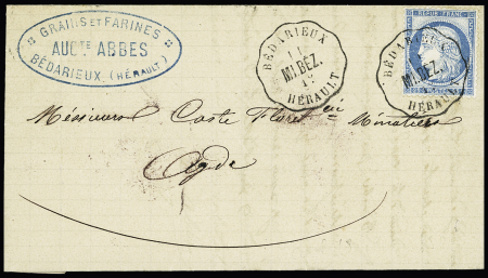 N°60 OBL CAD convoyeur-station "Bédarieux Hérault mi. Bez" (1876) répété à côté sur lettre pour Agde, ind 16. TB