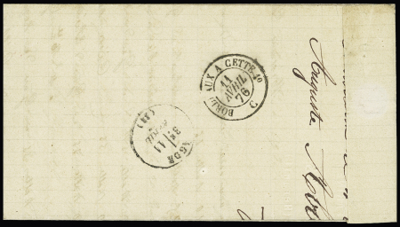 N°60 OBL CAD convoyeur-station "Bédarieux Hérault mi. Bez" (1876) répété à côté sur lettre pour Agde, ind 16. TB