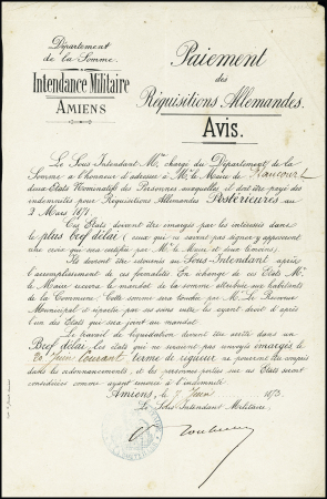 5 documents de réquisitions allemandes dont un à en-tête "Intendance militaire Amiens - Paiement des réquisitions allemandes - Avis". TB