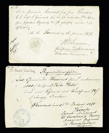 5 documents de réquisitions allemandes dont un à en-tête "Intendance militaire Amiens - Paiement des réquisitions allemandes - Avis". TB
