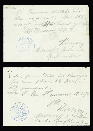 5 documents de réquisitions allemandes dont un à en-tête "Intendance militaire Amiens - Paiement des réquisitions allemandes - Avis". TB