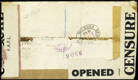 DEUXIEME GUERRE MONDIALE Océanie n°141 OBL Papeete (1943) sur lettre pour les Forces aériennes françaises libres de Londres avec bande imprimée "censure FAFL". TB