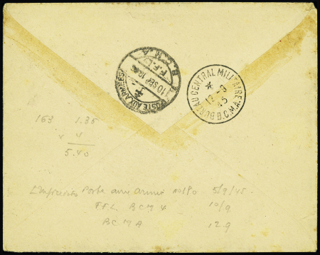 5 lettres recommandées AFF divers Inde Française OBL CAD "poste aux armées n°180" (aout 1945 - Chandernagor - pérparation du débarquement du général Leclerc en Indochine). Bel ensemble.