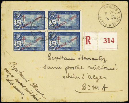 5 lettres recommandées AFF divers Inde Française OBL CAD "poste aux armées n°180" (aout 1945 - Chandernagor - pérparation du débarquement du général Leclerc en Indochine). Bel ensemble.