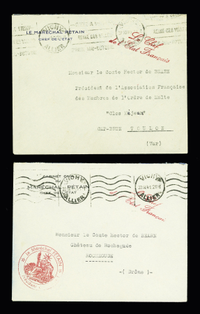 Lot intéressant de 21 plis et documents dont LF de la délégation française à la commission italienne d'armistice et 1 carte + insigne métallique de la Légion francaise des combattants. TB
