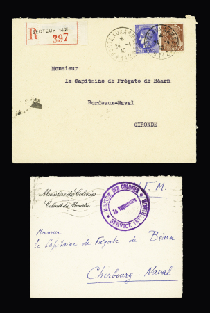 Lot intéressant de 21 plis et documents dont LF de la délégation française à la commission italienne d'armistice et 1 carte + insigne métallique de la Légion francaise des combattants. TB