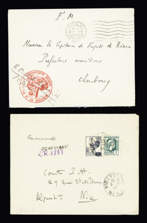 Lot intéressant de 21 plis et documents dont LF de la délégation française à la commission italienne d'armistice et 1 carte + insigne métallique de la Légion francaise des combattants. TB