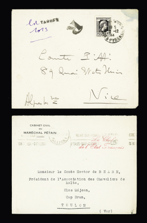Lot intéressant de 21 plis et documents dont LF de la délégation française à la commission italienne d'armistice et 1 carte + insigne métallique de la Légion francaise des combattants. TB