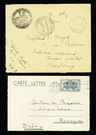 Lot intéressant de 21 plis et documents dont LF de la délégation française à la commission italienne d'armistice et 1 carte + insigne métallique de la Légion francaise des combattants. TB