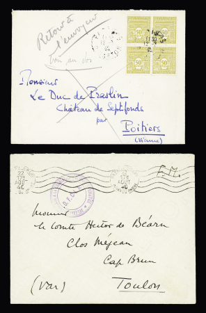 Lot intéressant de 21 plis et documents dont LF de la délégation française à la commission italienne d'armistice et 1 carte + insigne métallique de la Légion francaise des combattants. TB