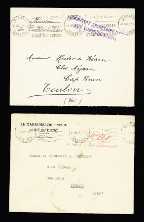 Lot intéressant de 21 plis et documents dont LF de la délégation française à la commission italienne d'armistice et 1 carte + insigne métallique de la Légion francaise des combattants. TB