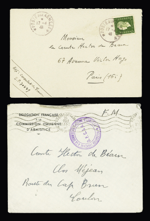 Lot intéressant de 21 plis et documents dont LF de la délégation française à la commission italienne d'armistice et 1 carte + insigne métallique de la Légion francaise des combattants. TB