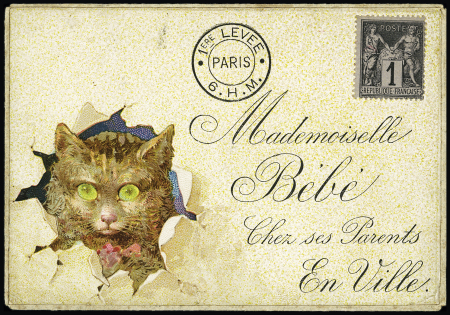 N°83 neuf sur enveloppe enfantine avec en-tête de chat et adresse imprimée "Mademoiselle Bébé chez ses parents en ville". TB