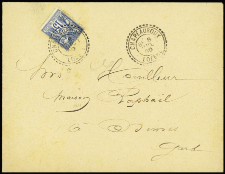 3 lettres AFF n°90 OBL CAD perlés "Moissac Lozère" (1900). TB