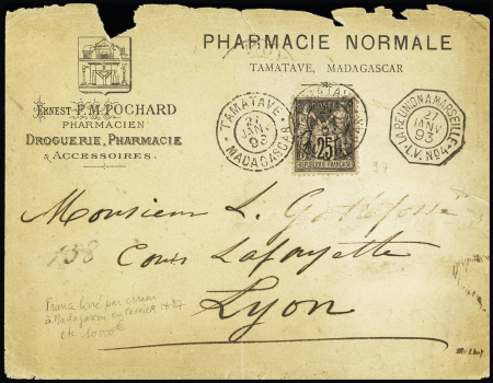 N°97 OBL CAD "Tamatave Madagascar" (1893) sur lettre pour Lyon, mal ouverte sinon TB