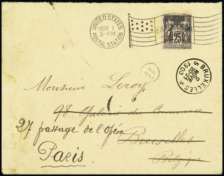 N°97 OBL mécanique "United states postal station Paris exposition 1900" (1 nov 1900) sur lettre pour Bruxelles réexpédiée à Paris. TB