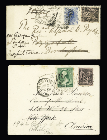 2 lettres avec affranchissement mixte de réexpédition : n°97 + USA n°64 (1883) et n°97 + Italie n°61 (1898)