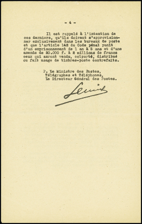 Circulaire de 4 pages de la direction générale des postes concernant les contrefaçons du 15F Gandon rouge (28.2.1950). TB