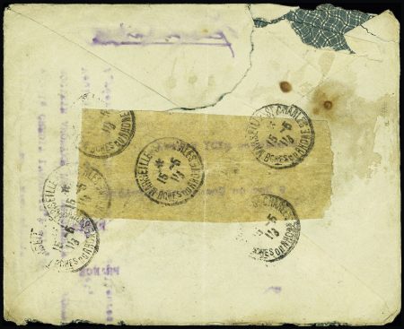 Lettre d'Alexandrie pour Paris avec petite griffe noire "bateau naufragé Marseille" et au verso bande translucide avec CAD "Marseille gare St Charles" (15.5.1918). TB