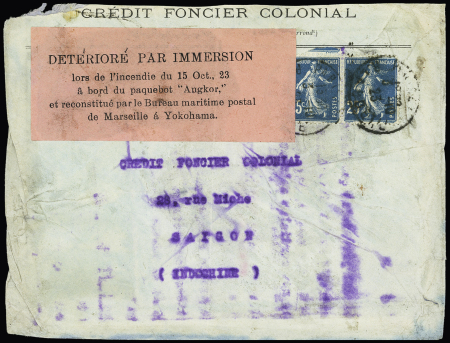 N°140 en paire OBL Paris (1923) sur lettre pour Saïgon avec étiquette rose "détérioré par immersion lors de l'incendie du 15 oct 23 à bord du paquebot Angkor" (Salles n°2035 - tome 5 page 169). Rare et TB