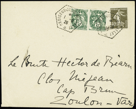 N°111 en paire + n°193 OBL hex "croiseur Jules Michelet" (1926) sur lettre. TB