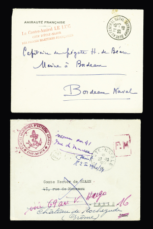 15 lettres de poste navale dont CAD de remplacement "Cherbourg maritime Manche" (1939), "poste navale n°15" (1939 Bizerte), poste navale bureau n°17 (Cherbourg - dec 1939), "bureau central naval amirauté" (1940). TB