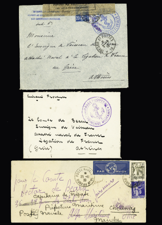 15 lettres de poste navale dont CAD de remplacement "Cherbourg maritime Manche" (1939), "poste navale n°15" (1939 Bizerte), poste navale bureau n°17 (Cherbourg - dec 1939), "bureau central naval amirauté" (1940). TB