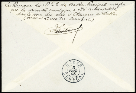 3/5-2-1925 Paris Dakar par Lemaitre et Arrachart avec au verso mention manuscrite du receveur principal de Dakar (Muller n°117). TB
