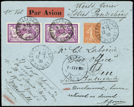 15/28-1-1930 - Istres Pondichery par Girier et Weiss. Lettre avec au verso 2 griffes rect et signature autographe de Pierre Weiss (Muller n°252). Jolie pièce