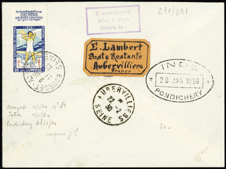 Même vol - Lettre recommandée avec griffe manuscrite "1e liaison postale Istres -Pondichery par Girier-Weiss" (M252). TB