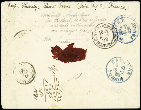 26.2.1929 Accident à Moulmein de Paillard, Le Brix et Jousse. Lettre AFF n°181, 1F50 Pasteur, 7 pièces OBL grand CAD "poste aérienne France-Indochine" (18.2.29) (Nierinck n°290226). TB