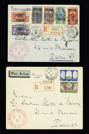Afrique : 11 lettres recommandées avec cachet rouge avec fleurs de lys "Mission Bourbon Tunis - Tchad : 7 du Ouargla, 1 du Nigéria OBL Kano et 1 d'Oubangui - Chari OBL Fort - Archambault. Très bel ensemble rare