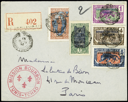 Afrique : 11 lettres recommandées avec cachet rouge avec fleurs de lys "Mission Bourbon Tunis - Tchad : 7 du Ouargla, 1 du Nigéria OBL Kano et 1 d'Oubangui - Chari OBL Fort - Archambault. Très bel ensemble rare