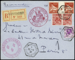 Algérie n°38 + 41 en paire + 79A en paire millésime 0 OBL hex "Tamanrasset Constantine" (1932) sur lettre recommandée avec cachet rouge à 3 fleurs de lys "Mission Bourbon Tunis - Tchad". TB