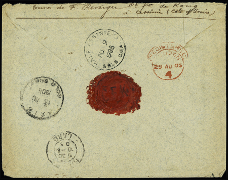 Côte d'Ivoire n°5 + 8 + 20 OBL CAD "Côte d'Ivoire Assinie" (1905) sur lettre recommandée à en-tête "Compagnie française de Kong". TB